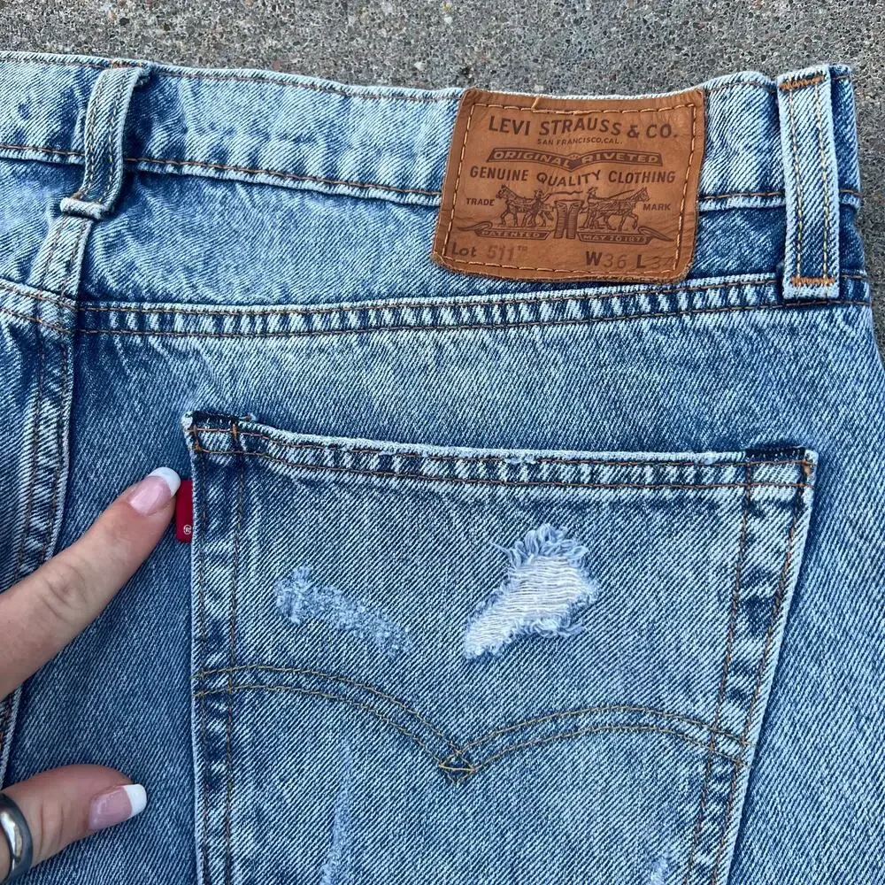 Levi's 511 Slim Fit Premium Jeans American Flag Patch Distressed Peekaboo 36x34